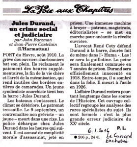 Extrait - Le Canard Enchainé, Jules Durand un crime social et judiciaire, 6 janvier 2015